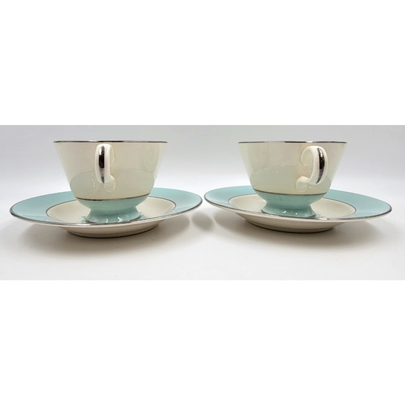 Sevron Powder Blue Lace Tea Coffee Cup Saucer Silver Trim 1950's Set of 2 - Picture 6 of 16
